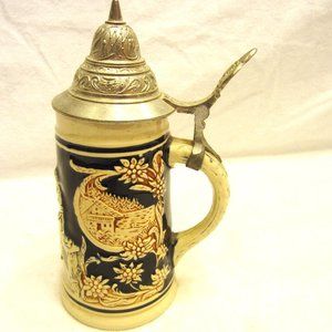 VTG STEIN, CERAMIC W/PEWTER LID, BLUE & CREAM MUG